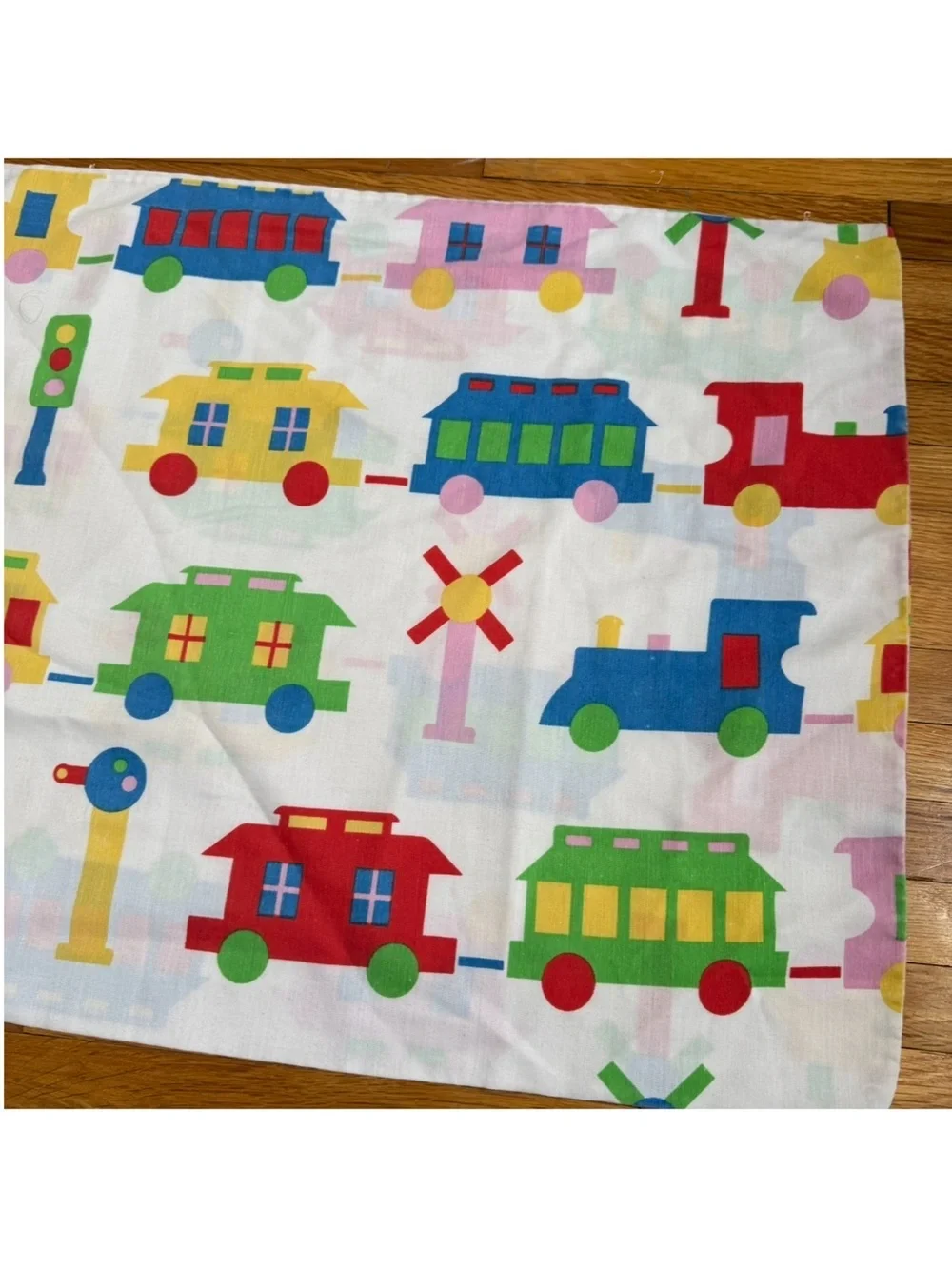 Vintage Train Locomotive Pillowcase Primary Colors 1980’s Transportation Novelty